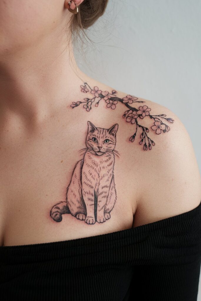  Delicate Cat and Cherry Blossom Tattoo