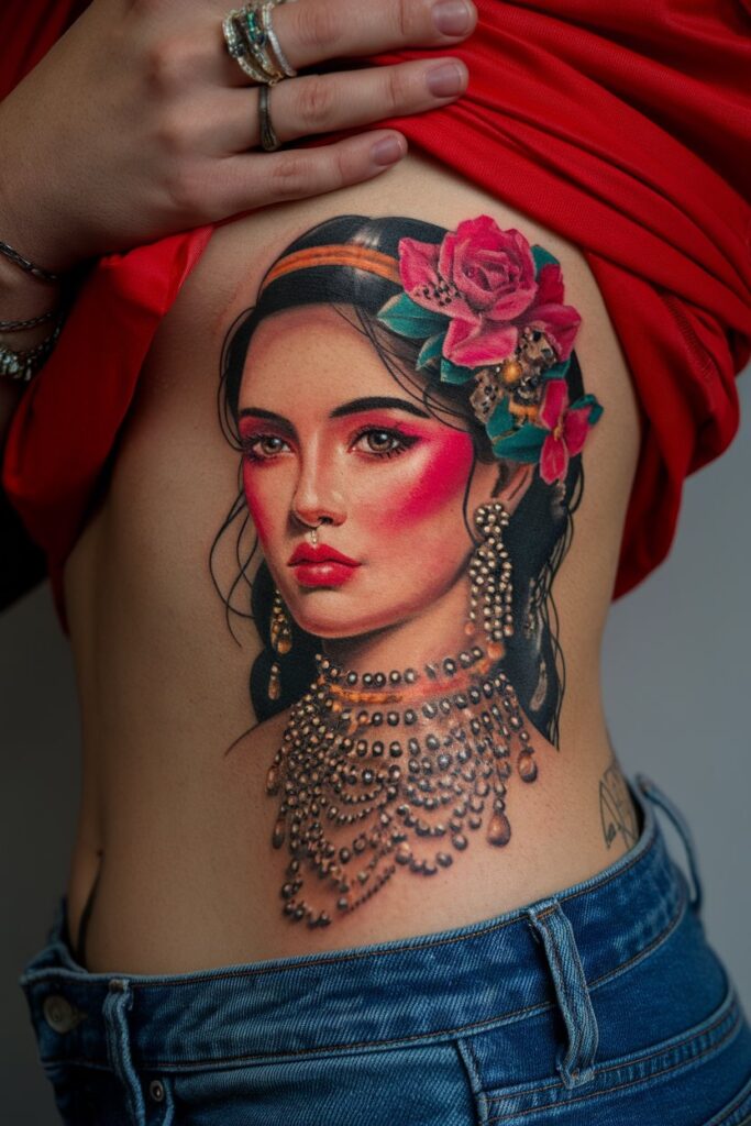 Vibrant Portrait Tattoo with Floral and Jewelry Details