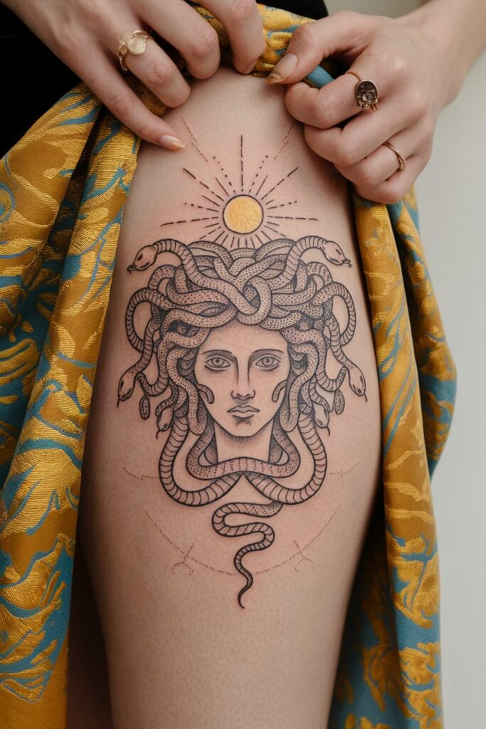 Radiant Medusa Tattoo with Sun Symbol