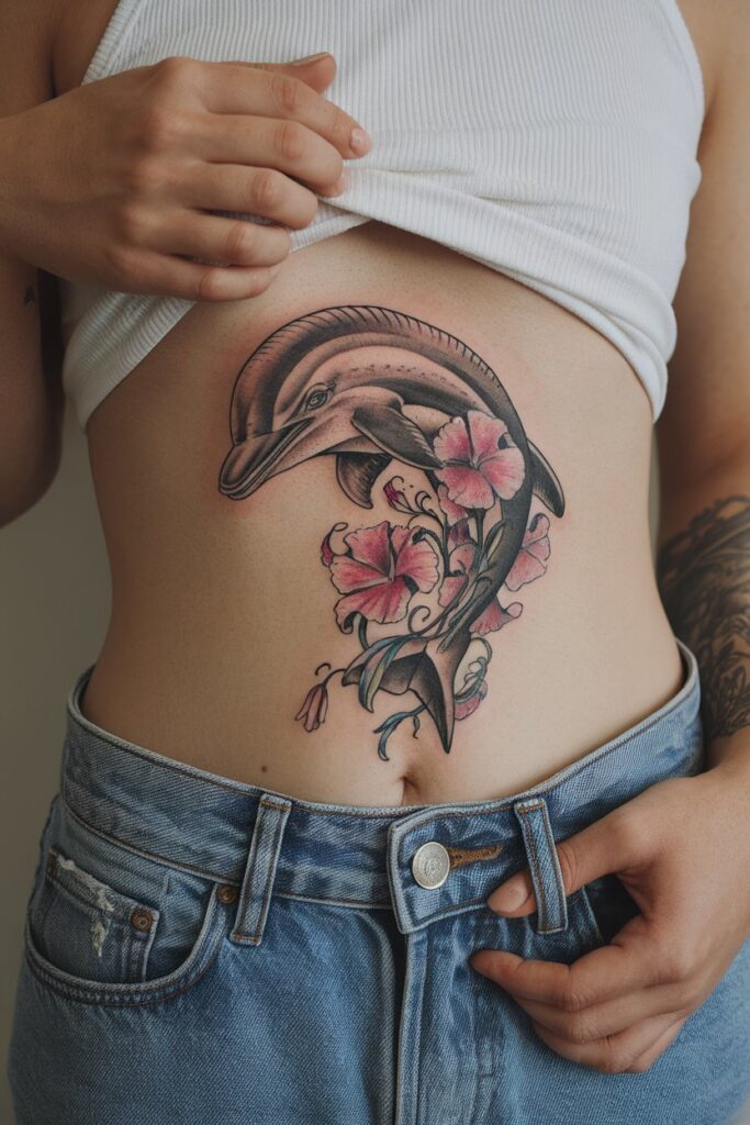 Vibrant Dolphin and Hibiscus Stomach Tattoo