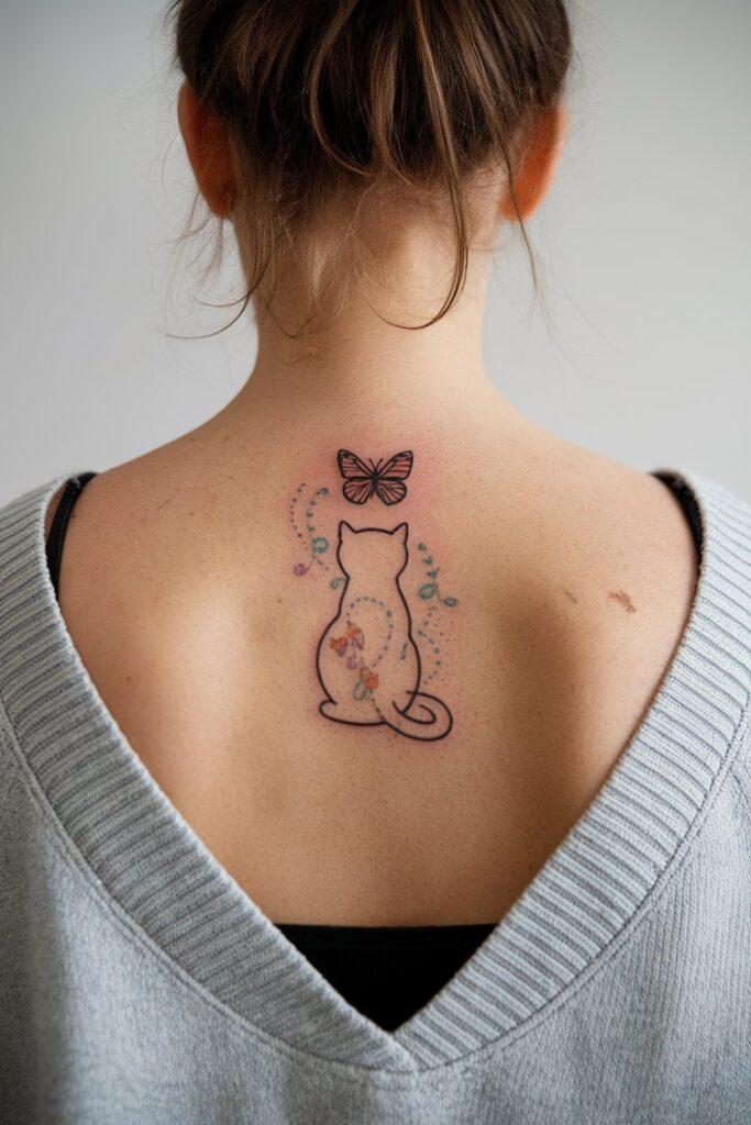 Whimsical Cat Outline Tattoo with Butterfly