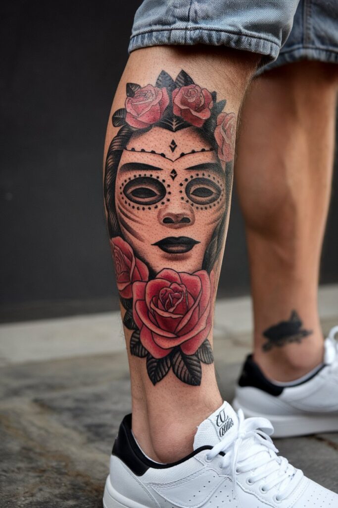 Bold Calavera Tattoo with Roses and Intricate Details