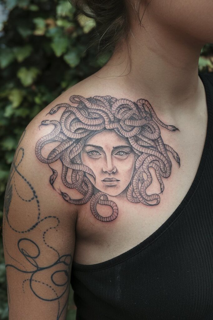 Bold Medusa Shoulder Tattoo with Serpent Hair