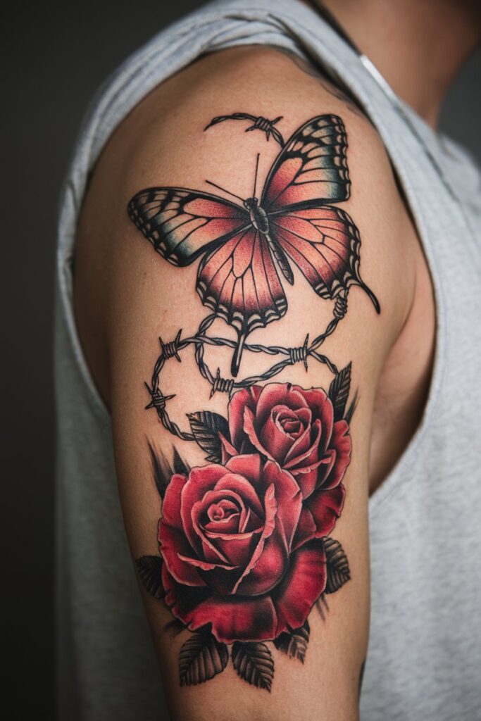 Butterfly and Roses Arm Tattoo for Men