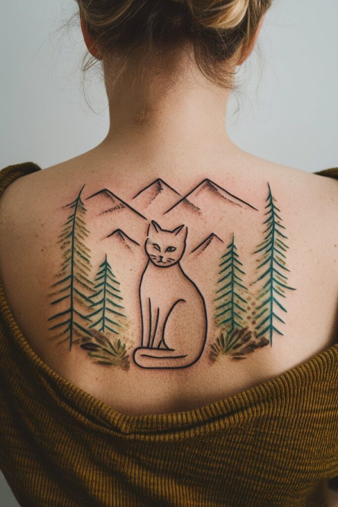 Cat Outline Tattoo with Mountain and Forest Scene