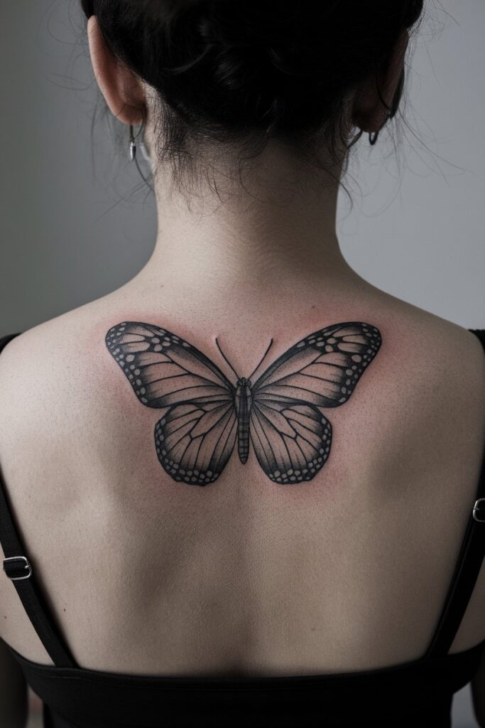 Elegant Black Butterfly Upper Back Tattoo