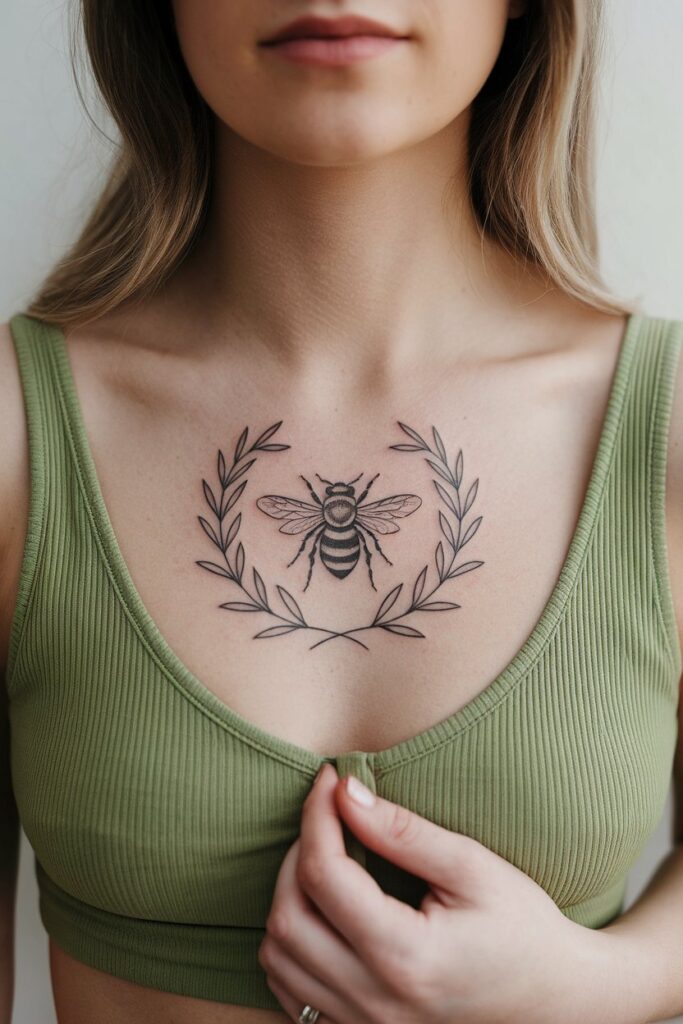 Elegant Chest Tattoo of Bee with Laurel Wreath