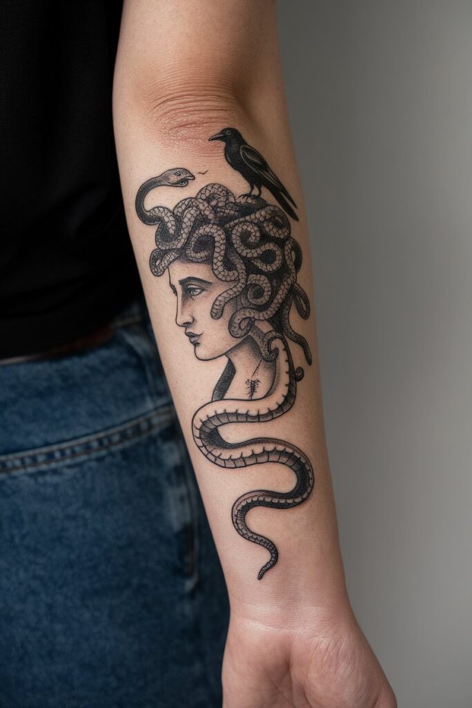 Medusa Tattoo with Crow Symbolism