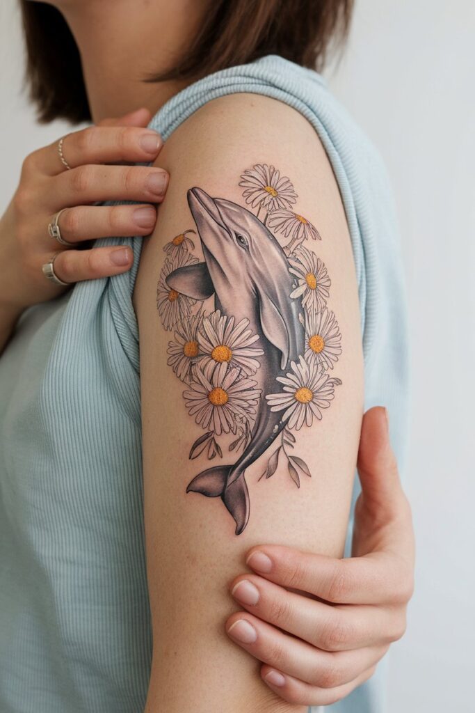 Playful Dolphin with Daisies Arm Tattoo