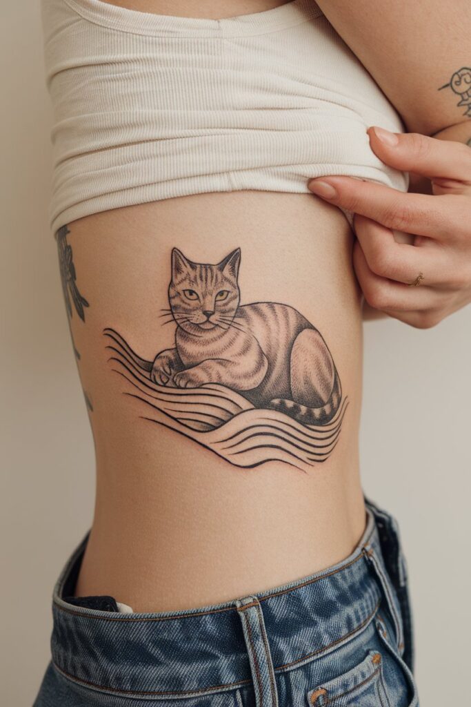 Relaxed Cat Tattoo with Flowing Lines