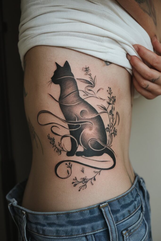 Artistic Silhouette Cat Tattoo with Floral Accents