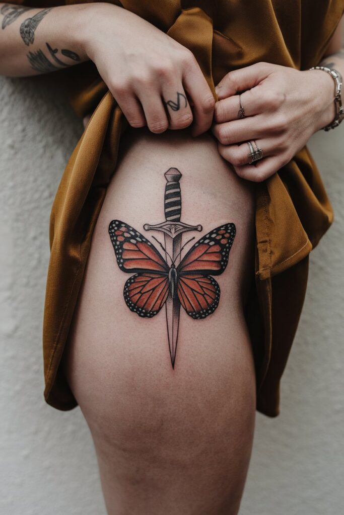 Bold Butterfly and Dagger Thigh Tattoo