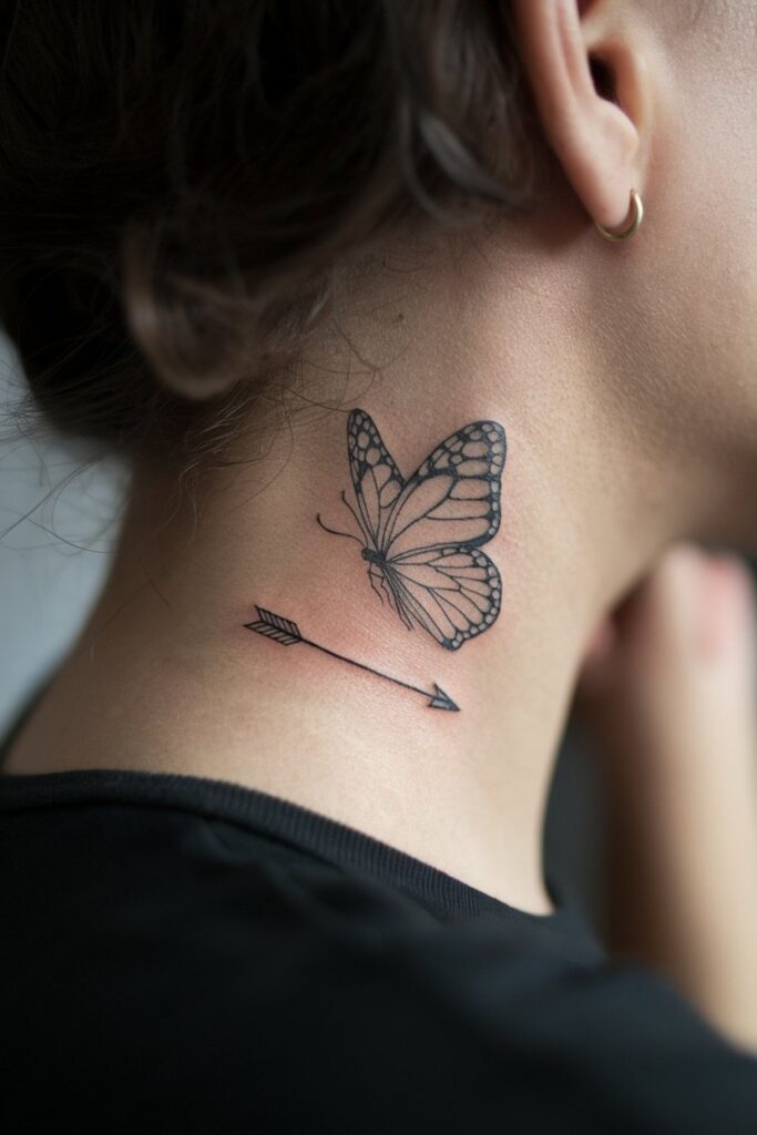 Butterfly and Arrow Tattoo Behind the Ear