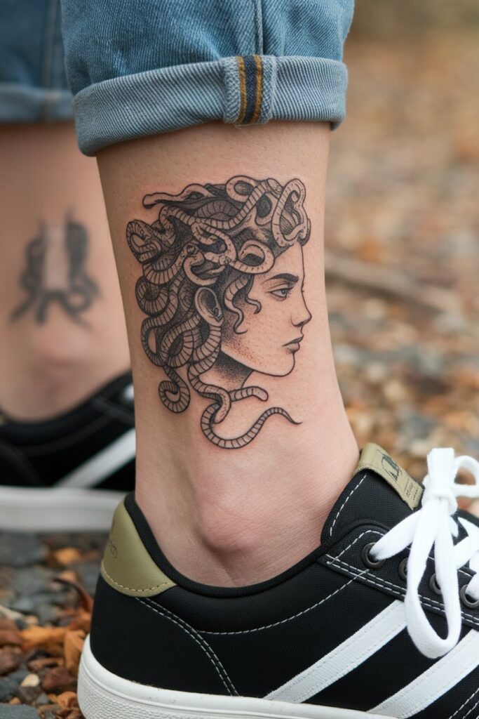 Medusa Ankle Tattoo with Bold Profile