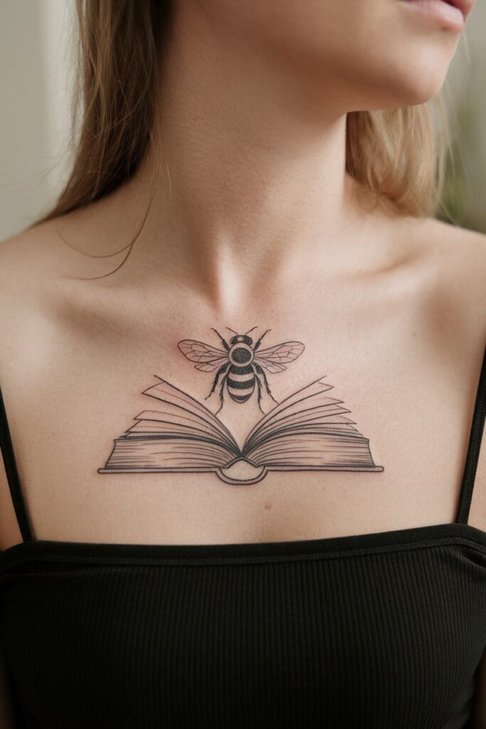 Symbolic Bee and Open Book Chest Tattoo