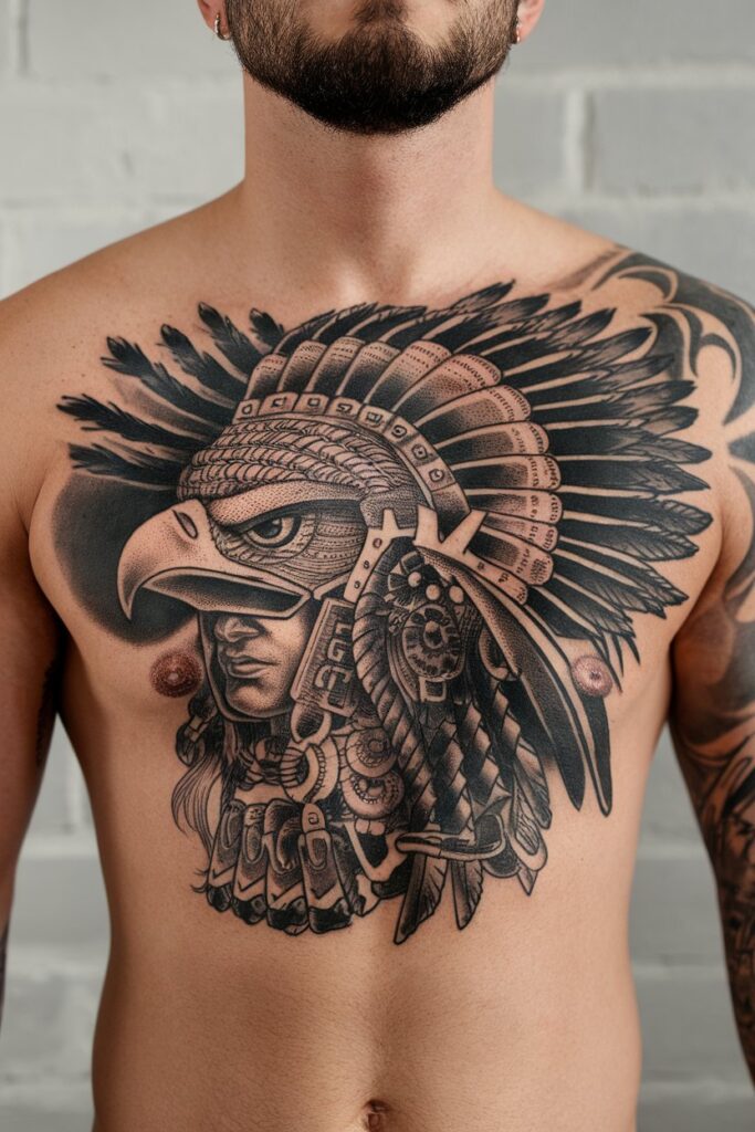 Warrior Headdress Chest Tattoo with Eagle and Intricate Details