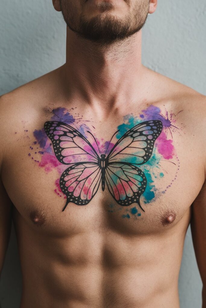 Watercolor Butterfly Chest Tattoo