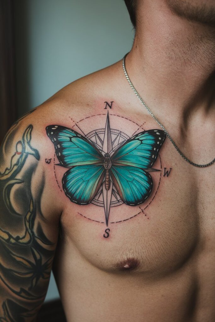 Compass Butterfly Chest Tattoo