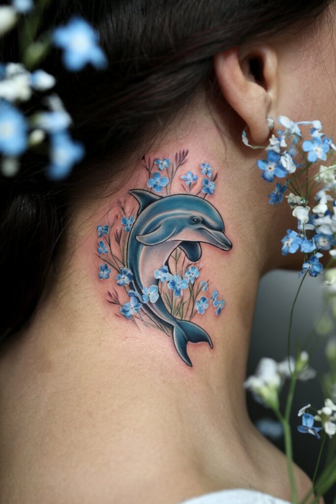 Dolphin with Blue Blossoms Neck Tattoo