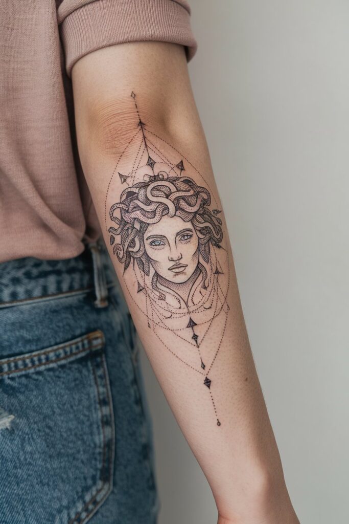 Elegant Medusa Forearm Tattoo with Geometric Elements