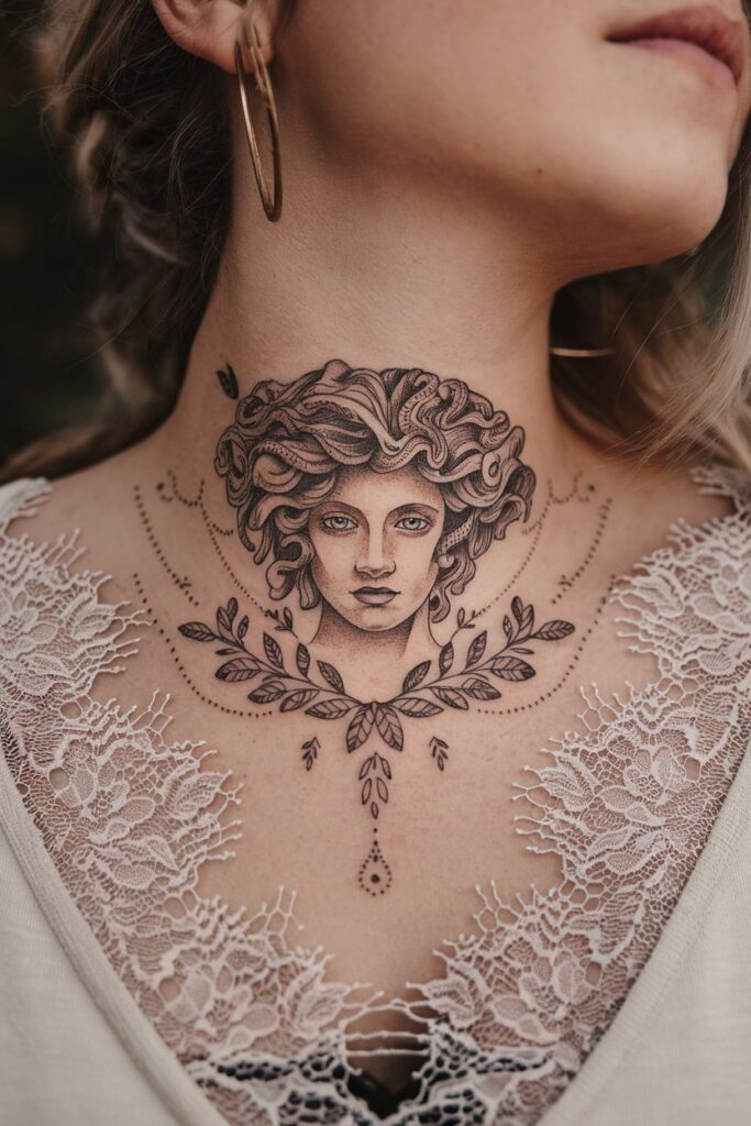  Elegant Medusa Neck Tattoo with Ornamental Details