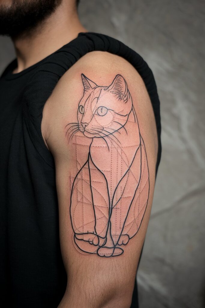 Geometric Cat Outline Tattoo with Bold Detailing