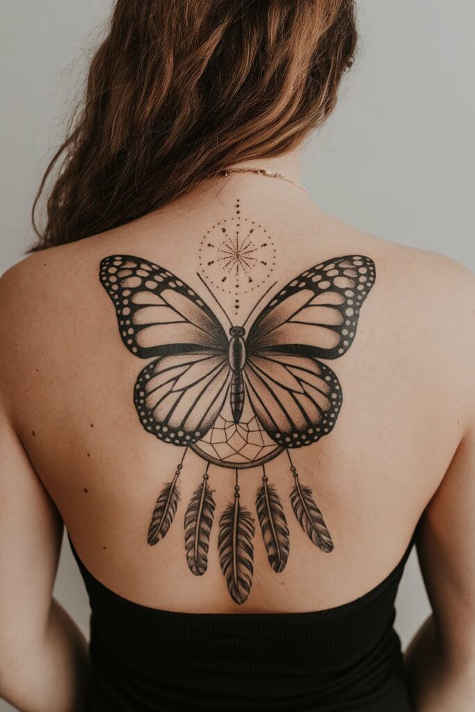 Majestic Butterfly and Dreamcatcher Back Tattoo