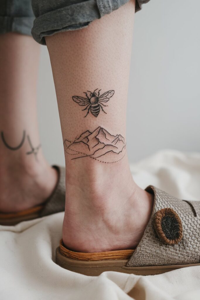 Minimalist Bee and Mountain Ankle Tattoo