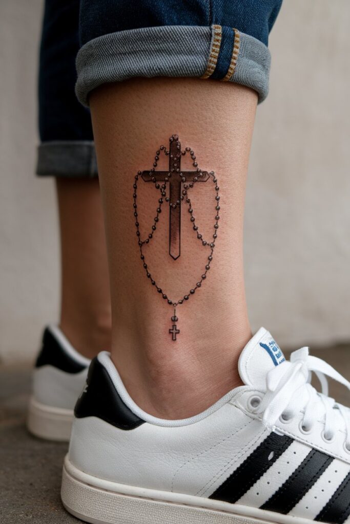 Minimalist Rosary Tattoo on the Ankle