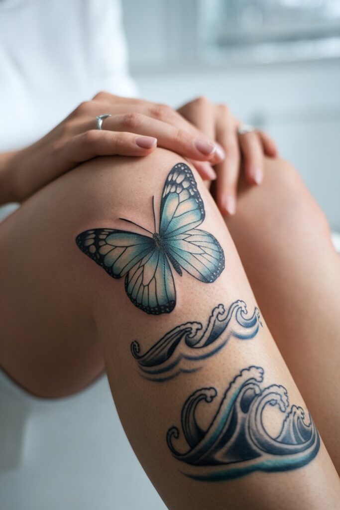 Serene Butterfly and Ocean Waves Tattoo